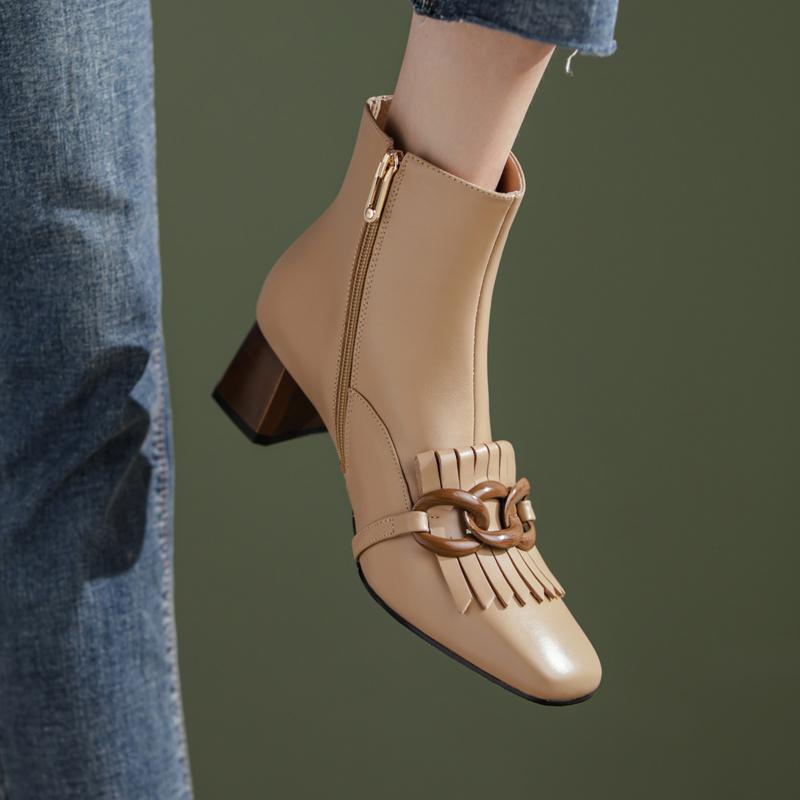 Мода 2025 Новая Женская Обувь Бахрома Женские Ботинки Зимние Ботильоны Zapatos De Mujer Женские Ботинки Квадратный Носок Натуральная Кожа Черные Ботинки