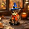 Resin Animal Figurine Highland Cow Ornament with Witch Hat & Scarf Halloween Sitting Whimsical Wizard Figurine Cute Tabletop Statue for Home Office