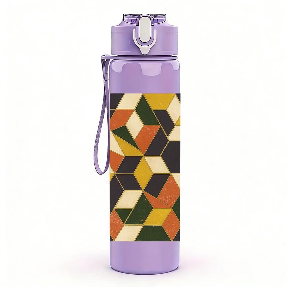 1PC Geometric Color Block Pattern 750ml Color Plastic Sports Water Bottle Leakproof Flip Straw Lid Suitable for Sports Office Home Use