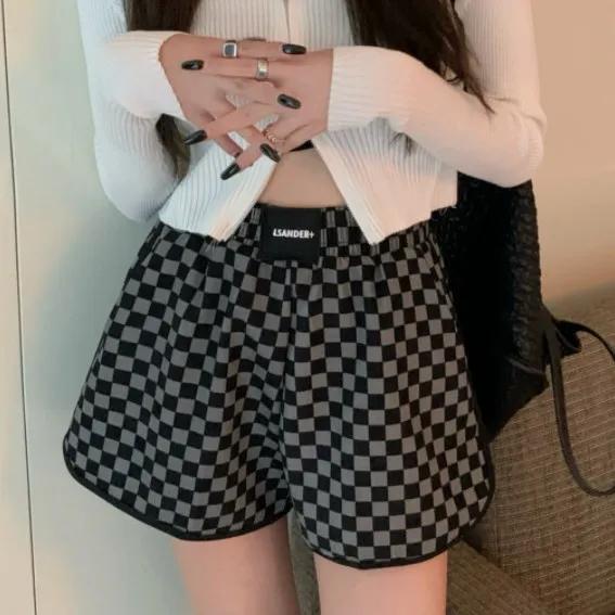 Повседневные женские шорты в шахматном порядке, свободные модные женские спортивные шорты с высокой талией и широкими штанинами, универсальные женские спортивные шорты