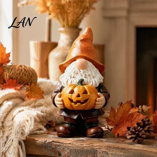 Unique Outdoor Garden Decor Halloween Gnome Statue, Faceless Holding Pumpkin Sculpture, Fall Figurine Waterproof Resin Statue for Porch Yard Autumn