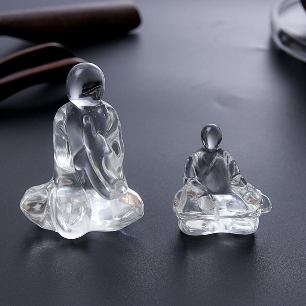 Finely Carved Glass Zen Buddha Statue Retro Transparent Tea Ceremony Ornaments Mini Delicate Crystal Ornament Office