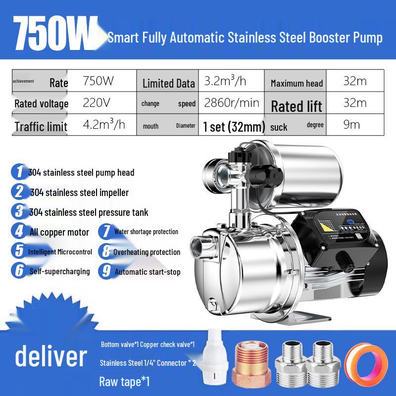 220V Stainless Steel Automatic Self-Priming Jet Pump for Home Well & Tap Water Pressure Boosting