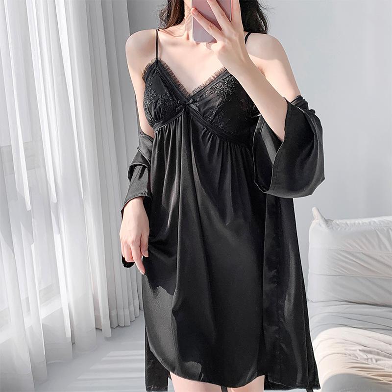 Black lace suspender nightdress two-piece set summer imitation silk sexy loungewear women's thin coat set