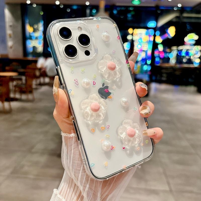 INS Корея 3D Цветок 2 В 1 Прозрачный Чехол для Телефона для iPhone 17 16 12 13 14 15 Pro Max Ударопрочная Рамка Прозрачная Мягкая Крышка