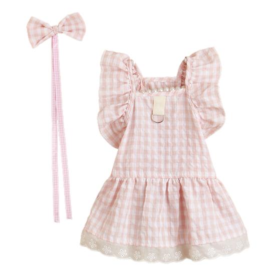 Летняя одежда для собак Головной убор с бантиком Пуловер с рюшами на рукавах и кружевным подолом Элегантный наряд Мягкое клетчатое платье Одежда для домашних животных и кошек Двуногий костюм для щенка