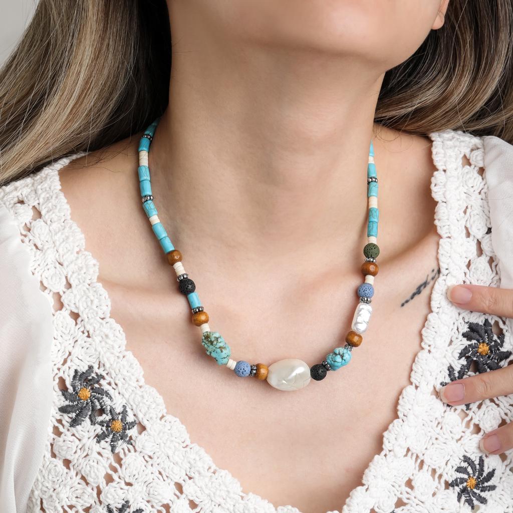 BLINGBAY Женское ожерелье из бисера в стиле бохо, ретро, этническое, бирюзовое, ручная работа, деревянные бусины, нестандартное ожерелье для девочки, подарок на день рождения