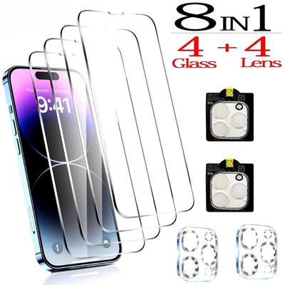 4+4 шт HD протектор экрана для iPhone 16 15 14 Pro Max закаленное стекло для iPhone 11 12 13 Mini пленка для объектива камеры iPhone 16 Plus