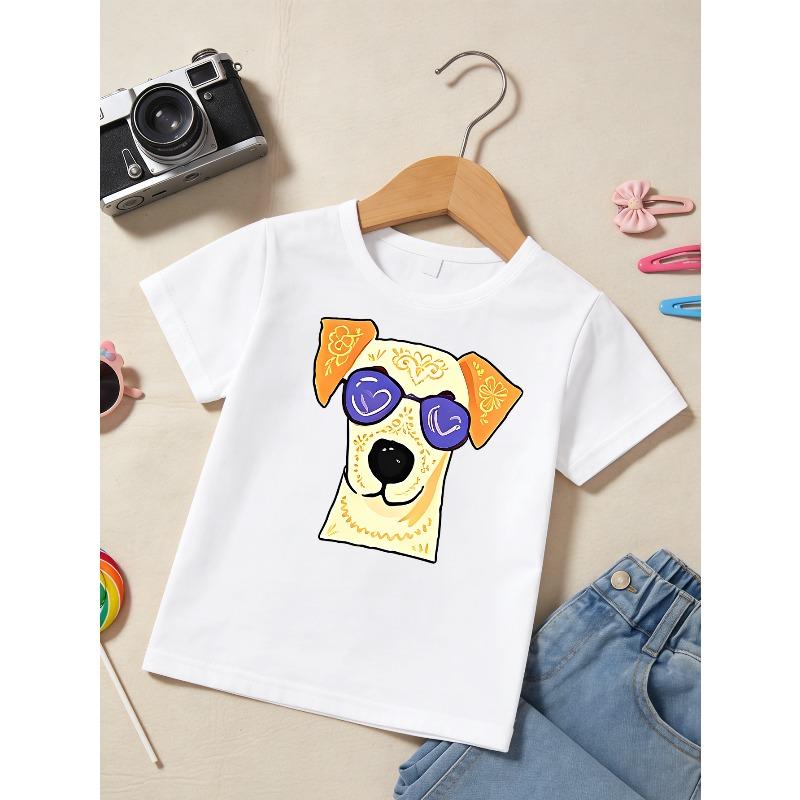 Kids White Crewneck Summer Tee, Cool Dog with Sunglasses Print Casual Short Sleeve Kids Top