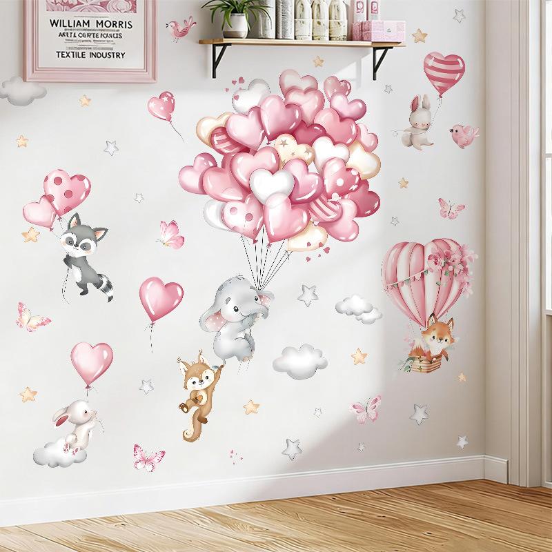Pink Cartoon Animal Wall Sticker for Kids, Cute Girl Bedroom Window Decal, Self-Adhesive Room Decor