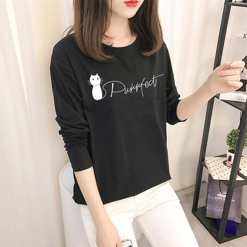 Осень 2023 г. Корейские топы с рисунком - женские футболки с длинными рукавами в однотонных цветах