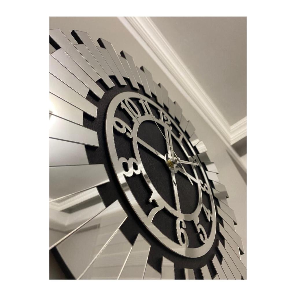 Small Decorative Wall Clock 35x35 Cm Stylish Turkish Numerals Black Mdf With Silver Mirrored Plexiglass