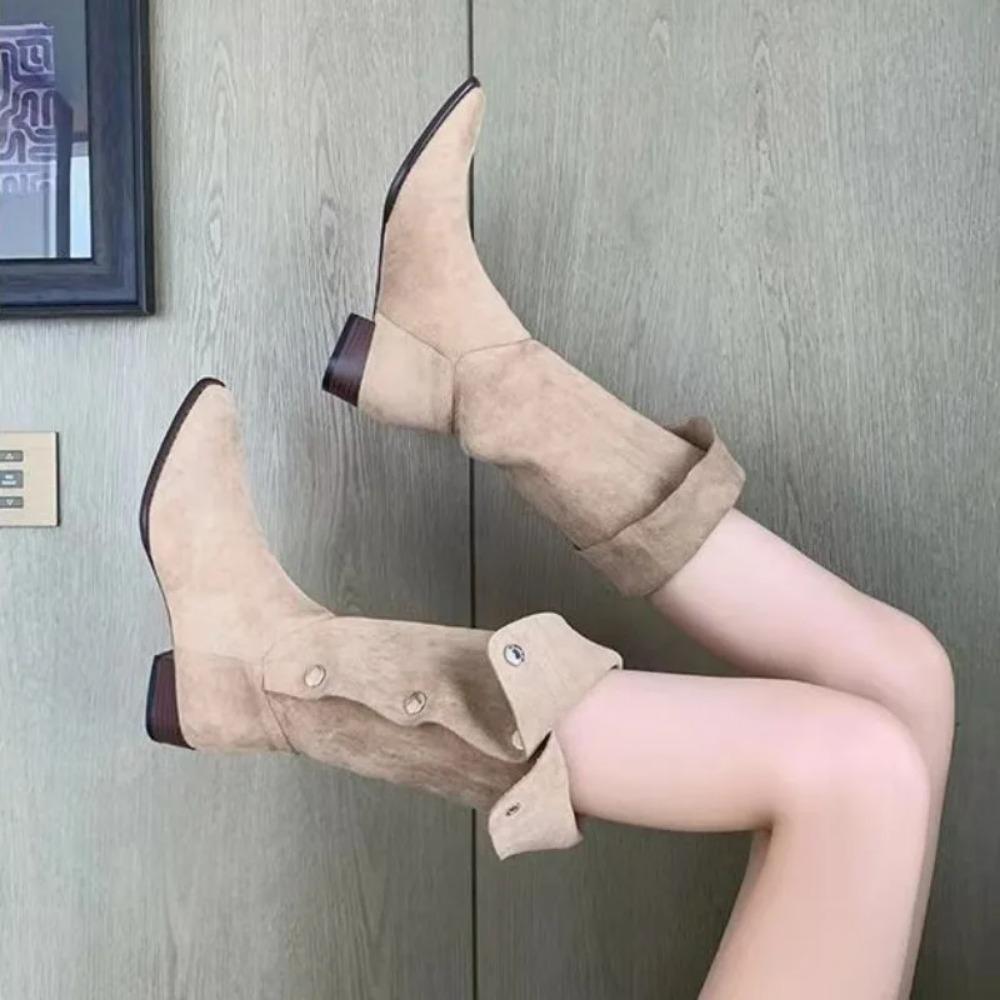 Модные женские ботинки Осень и Зима Новые Остроносые Средней Длины Западные Ботинки Ковбоя Женские Лацкан Плиссированные Наборки Ботинок Женская Обувь Дамы