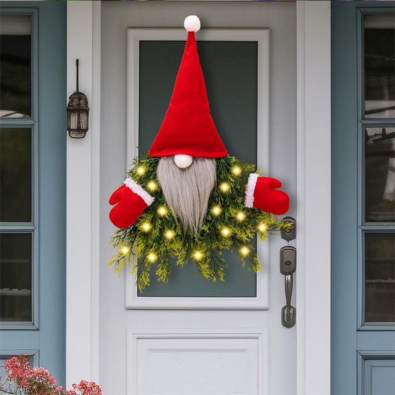 Light‑Up Faceless Gnome Christmas Wreath, Xmas Door Window Hanging Ornament