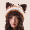 Furry Cartoon Head Cover with Ear for Outdoor Sports Striped Hat with Ear Oversized Headgear Hat for Winter