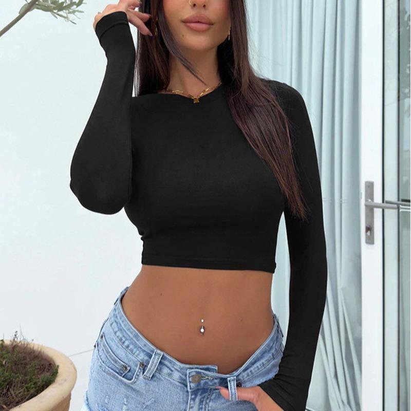 Spice Girl Однотонный Топ с Круглым Вырезом и Длинным Рукавом на Пуговицах, Узкая Короткая Сексуальная Футболка Женская