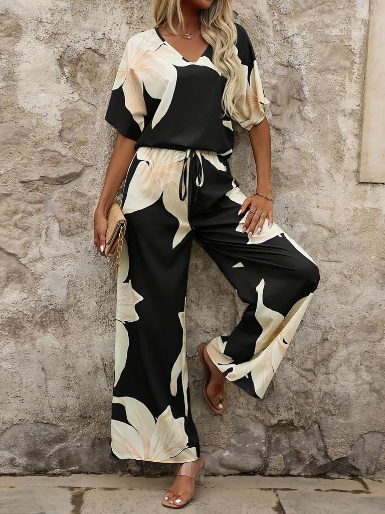Летний европейский и американский модный комплект из двух предметов: топ с V-образным вырезом и рукавами летучая мышь и длинные брюки, 2025
