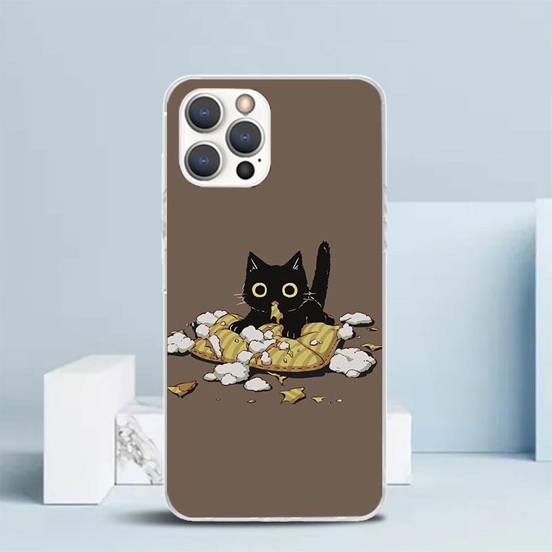 Мультяшный Милый Черный Кот Чехол Для Телефона Для IPhone 16 17 Air 16E 15 14 Plus 13 Mini 12 11 Pro Max 7 8 + SE 2020 Мягкий ТПУ Задняя Крышка 16