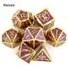 7 Pcs Golden Purple Double Swords Metal Dice Solid Polyhedral Dice Set Suitable for Role-Playing RPG DND Pathfinder Board Game