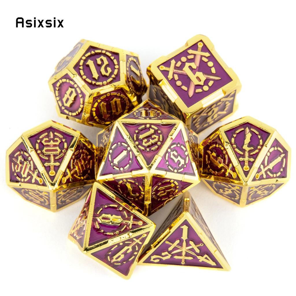 7 Pcs Golden Purple Double Swords Metal Dice Solid Polyhedral Dice Set Suitable for Role-Playing RPG DND Pathfinder Board Game