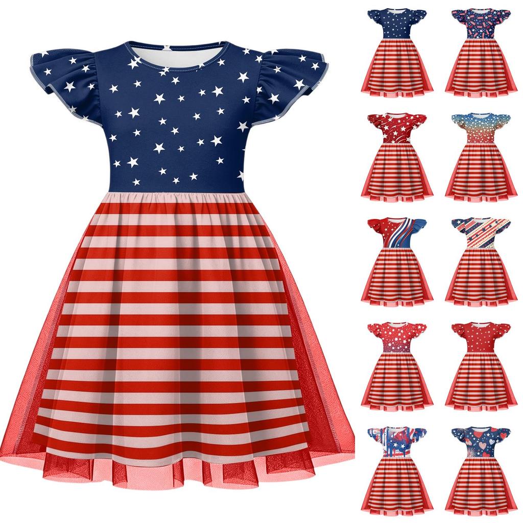 Girls Sleeve Dress with Patchwork Design Independence Day Outfit Summer Party Dress
