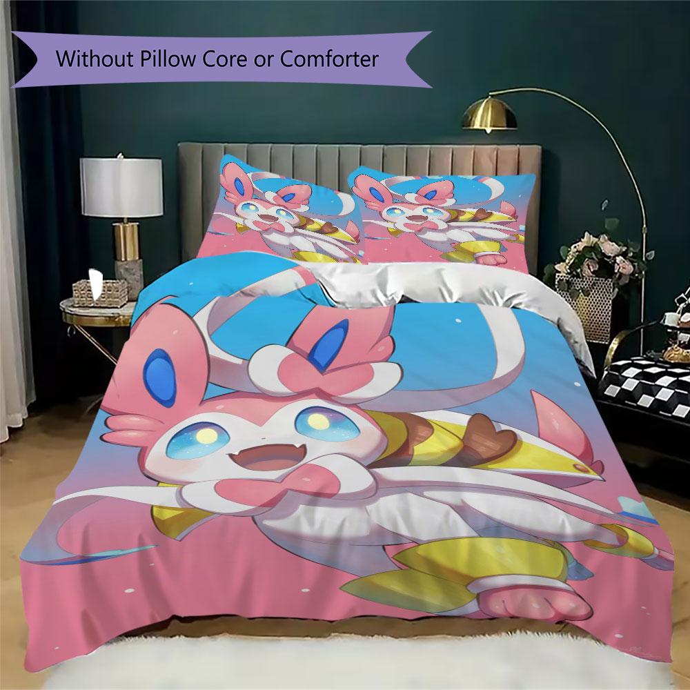 Sweet Sylveon Print Bedding Set 3Pcs Duvet Cover Pillow Shams Bedroom Decor for Anime Lovers