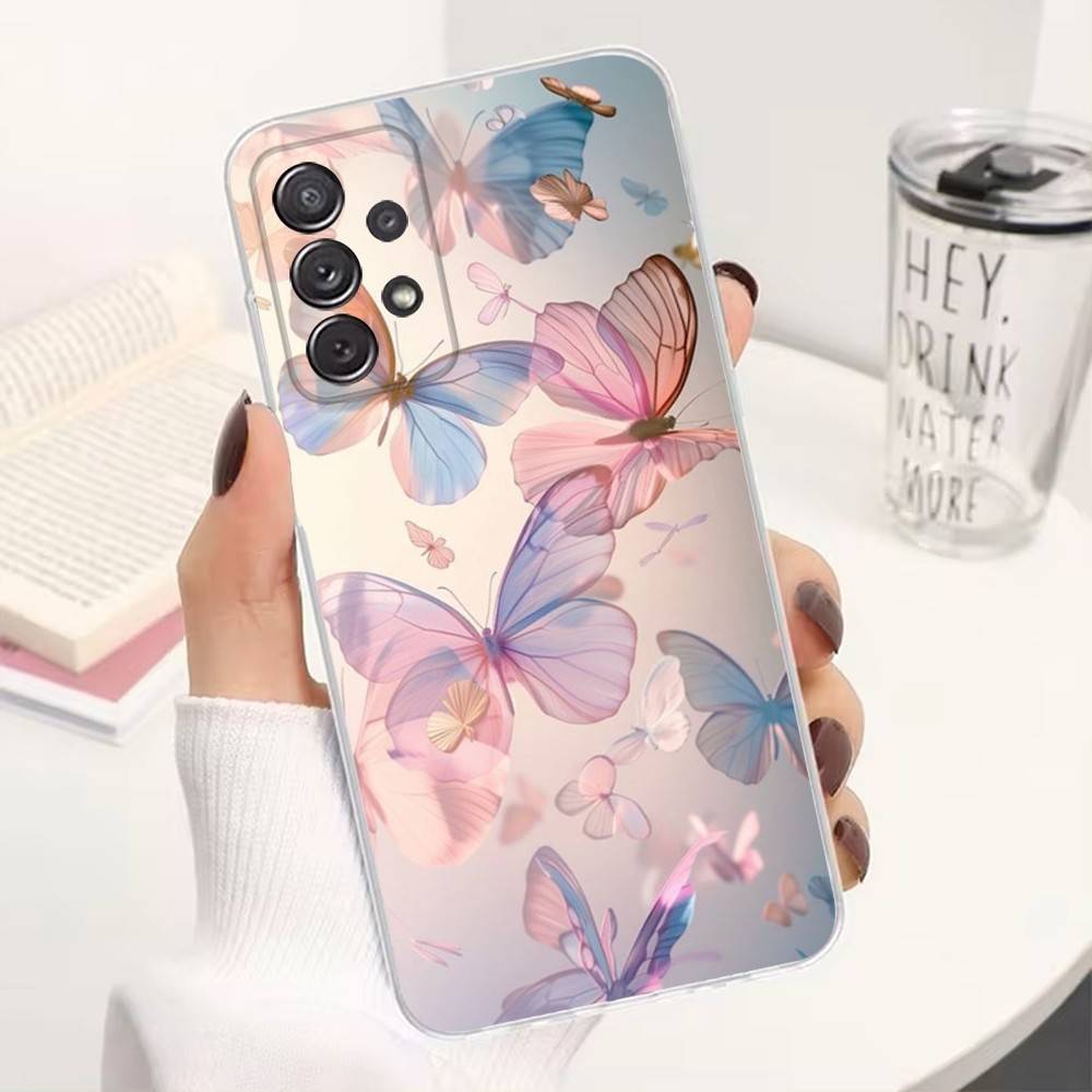 Pink Butterfly Pattern For Samsung A51,30,71,S9,Ultra,S20,FE,22,Lite,23,21,PIus,10,Transparent, Silicone Case