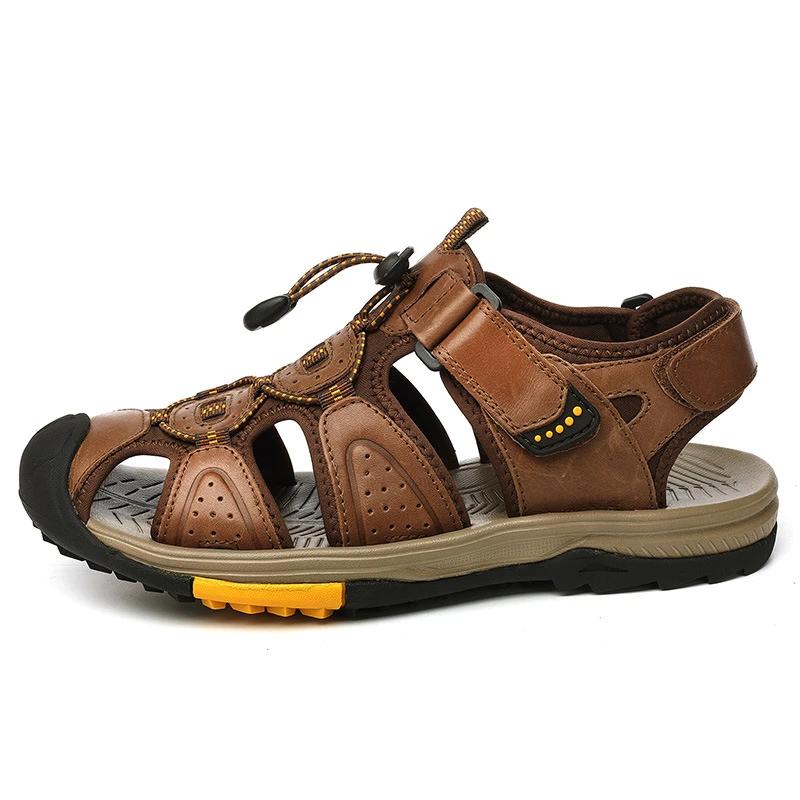 Fashion Summer Men's Top Layer Cowhide Bag-Toe Casual Outdoor Beach Sandals Comfortable Velcro Non-Slip Breathable Zapatillas Hombre