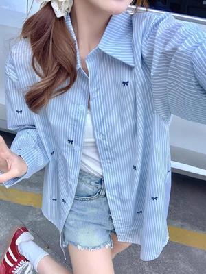 Женская клетчатая рубашка с лацканами - Васильковый, Легкая, Защищающая от солнца, для весны, лета, осени