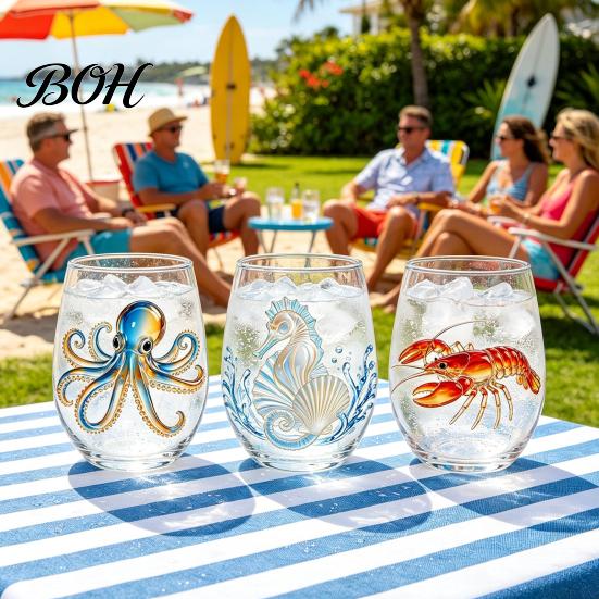 Unique Birthday Gifts for Her Marine Theme Wine Glass, Handmade Single Layer Stemless Borosilicate Glassware 400ml Capacity Drinkware Bar And