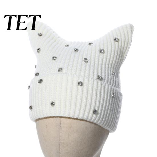 Warm Winter Gift for Her Cat Ear Hat Women Girls, Striped Slouchy Crochet Headgear Retro Style with Shiny Rhinestones, Cute Knitted Cap Fashionable