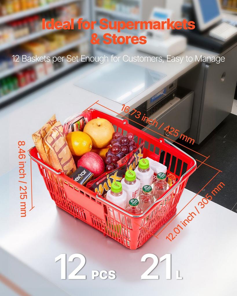Shopping Baskets, 12 PCS, 21L Stackable PE Plastic Grocery Baskets with Metal Handles, Dense Mesh Structure, Holds up to 9.07kg, Portable for Grocery,