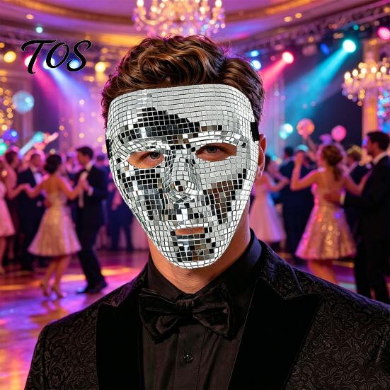 Reflective Silver Party Mask Halloween Disco Ball Mask, Breathable Mirror Mosaic Masquerade, Gold Face Glitter Costume for Dance Performance,