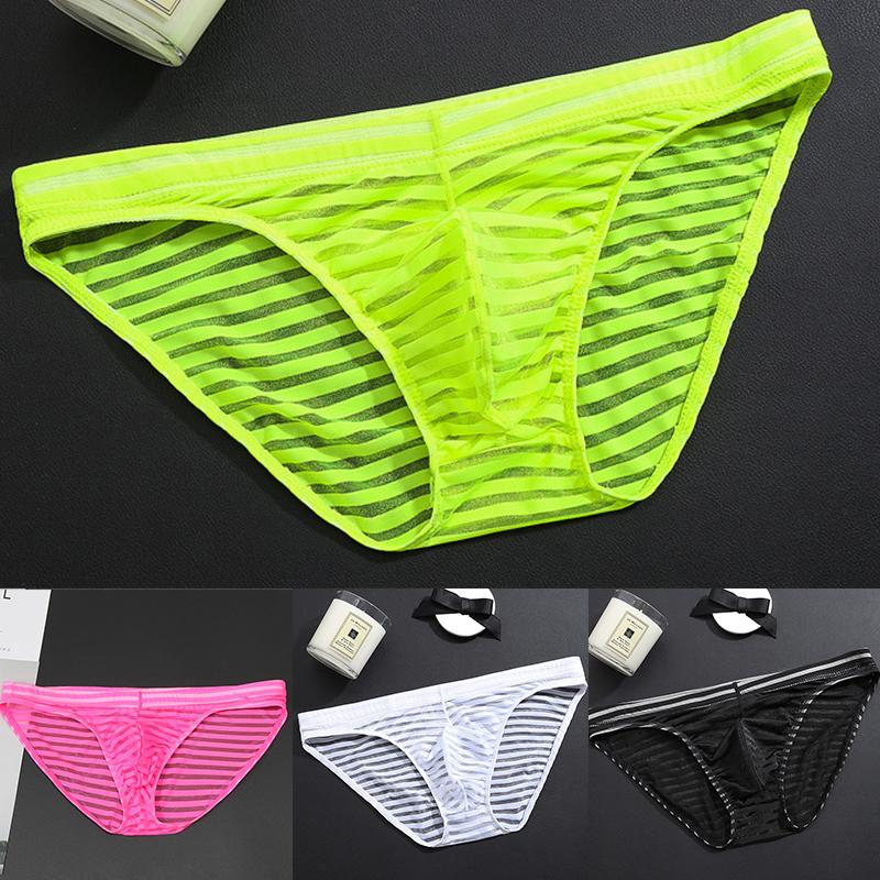 Men Mesh Striped Transparent Briefs Low Waist Ultra-thin Ice Silk Sexy Breathable Underwear Underpant Men Gays Sissy Panties