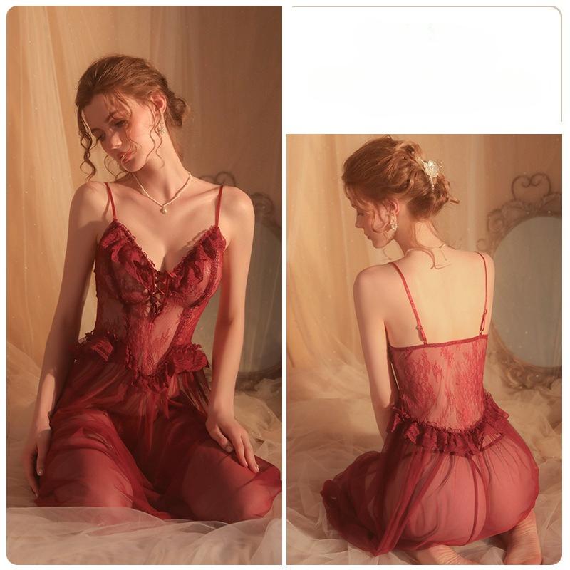 Женская осенне-зимняя прозрачная сетчатая ночная рубашка в стиле court с Т-образной спинкой и стрингами, сексуальное кружевное платье для сна без спинки