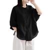 Ladies Sleeve Round Cotton Loose Balloon Body Adult [AUSKY] Shirt, 5/8 Blouse, Neck, Linen, Thin, Fit, Sleeves, Retro, Buttoned, Plain, Cute,