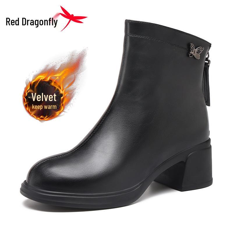 Женские зимние ботильоны на высоком каблуке Red Dragonfly до середины икры с толстой подошвой и утеплением из искусственного меха.