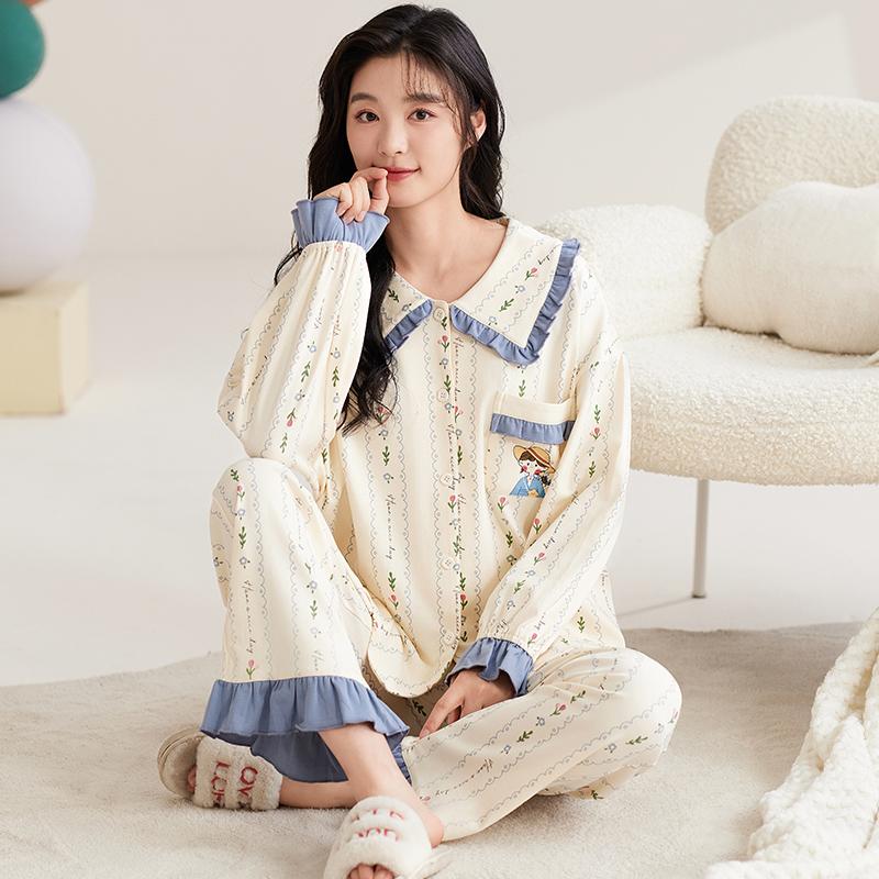 Женский хлопковый пижамный комплект осень-зима с отложным воротником, симпатичная пижама в стиле принцессы, женская домашняя одежда с длинным рукавом