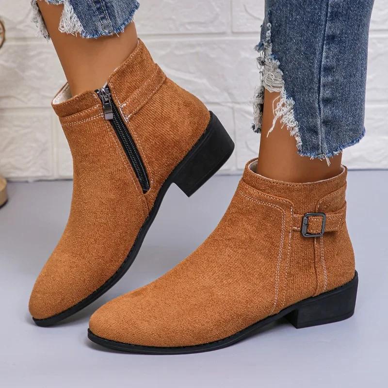 2024 Hot-selling Women's Single Boots New Style Medium Heel Pointed Toe Buckle Fashion Boots Fashionable Temperament Short Boots