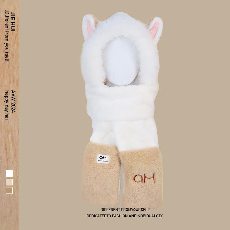 Hat Winter Fluffy Fire Fox Ears Warm Ski Scarf Gloves Integrated Hat Women's Thickened Three-piece Set