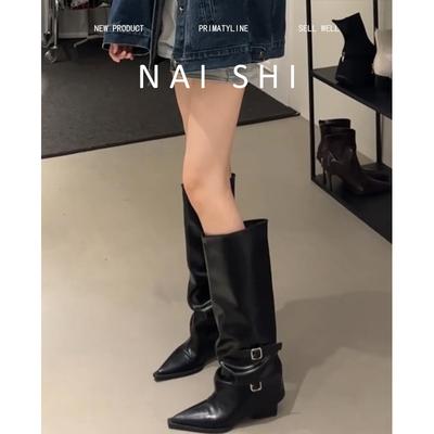 Версия из овчины~ остроносые ботильоны на толстом каблуке, женственный дизайн, пряжка-ремень, высокие сапоги-ботфорты до колена, ковбойские сапоги