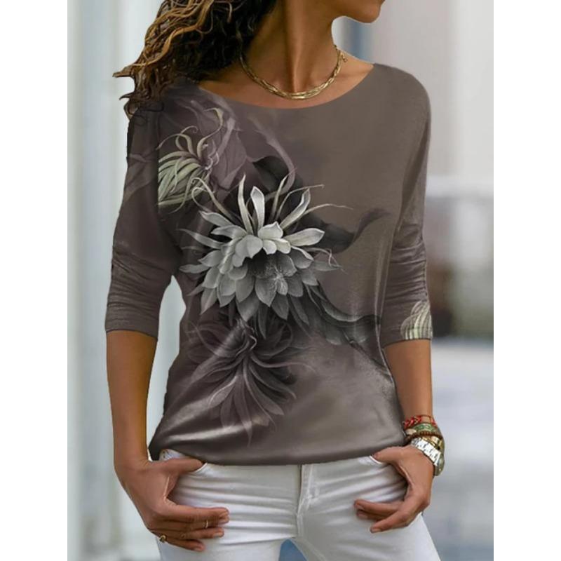 Осенняя универсальная женская футболка с длинными рукавами и цветочным принтом, обычный повседневный топ в стиле ретро с круглым вырезом и разноцветным принтом в стиле бохо