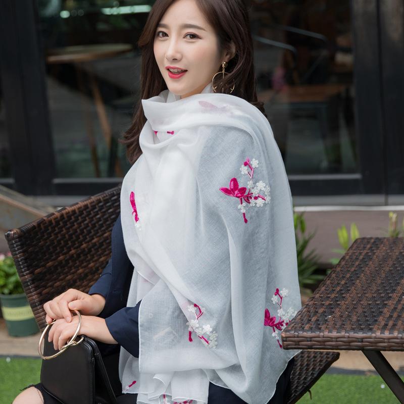 Spring And Summer Ethnic Style Flower Embroidery Silk Scarf Travel Cotton And Linen Embroidery Scarf Women'S Long Shawl
