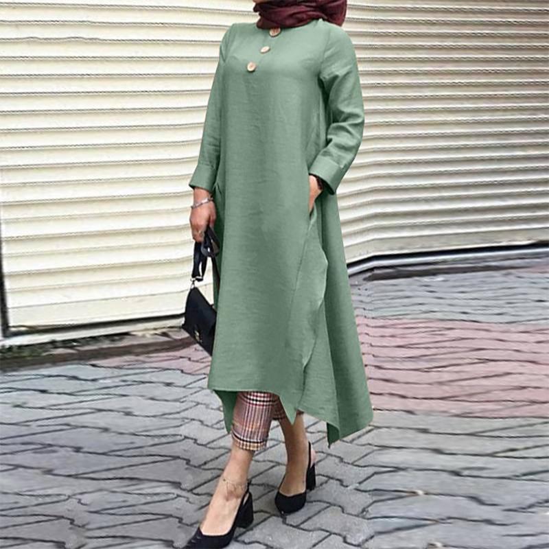 Womens Muslim Dress Islamic Clothing Long Sleeve Round Collar Solid Color Maxi Dresses Plus Size S-5XL