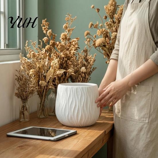 Water Ripple Texture Pots Planter with Drainage Hole And Saucer, Flower Modern Plant Containers Saucers Pot, Pot for Indoor Outdoor Plants Decorative
