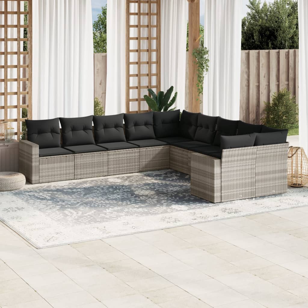 10 Piece Garden Sofa Set with Cushions Light Grey Poly Rattan