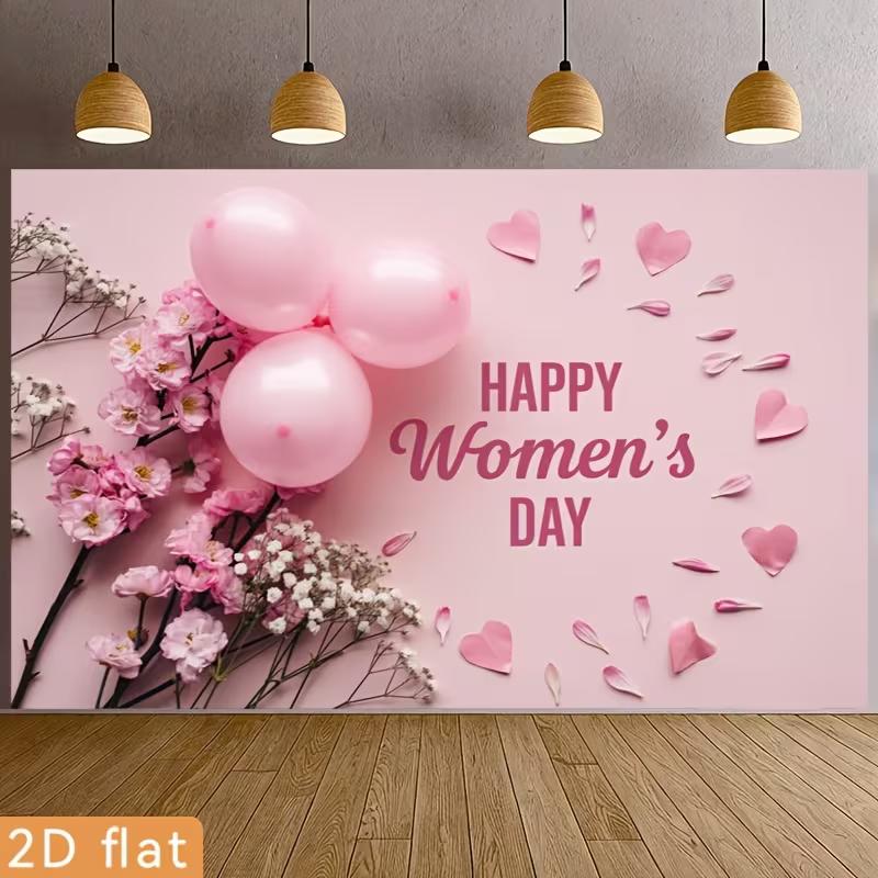 2D Happy Women's Day Pink Banner - Floral & Heart Backdrop for Women's Day Photoshoot