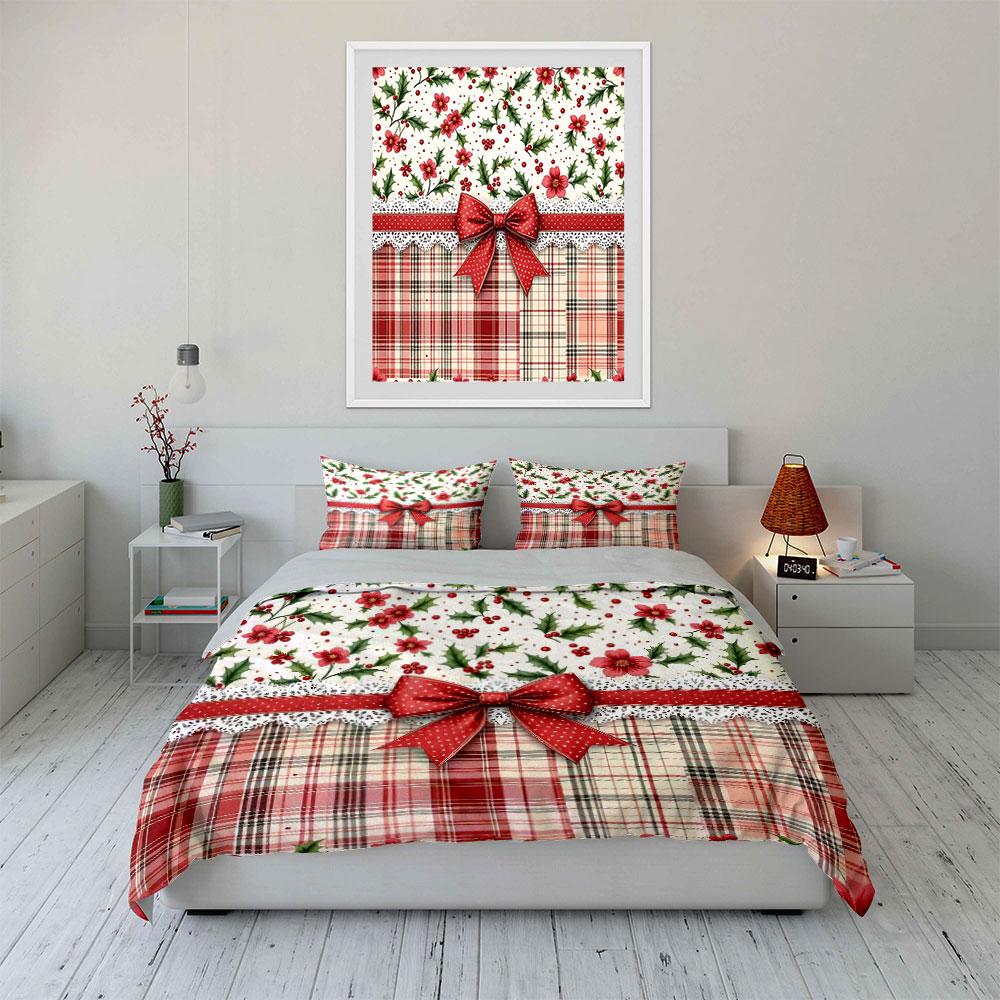 Christmas Plaid Floral Design Bedding Duvet Cover Set Duvet Cover Pillowcases (1*Duvet Cover 2*Pillowcases, without duvet insert)