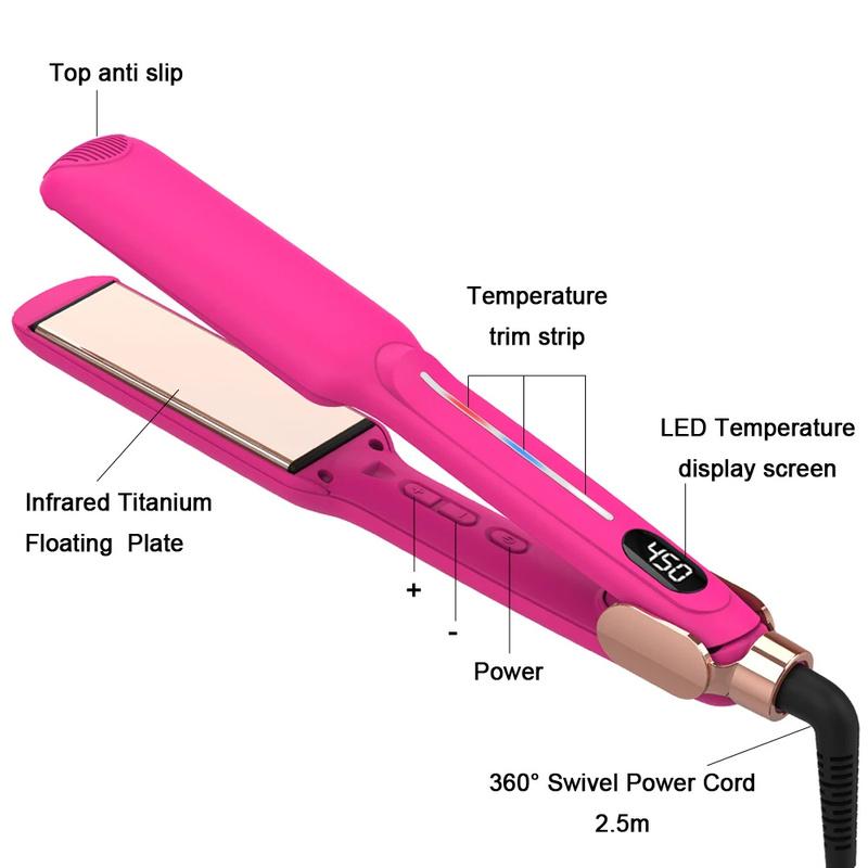 Hair Straightener Woman 450℉ Titanium Pink Infrared Wide Flat Iron,30s Fast Heating and Curler 2 in 1 Hair Straightener