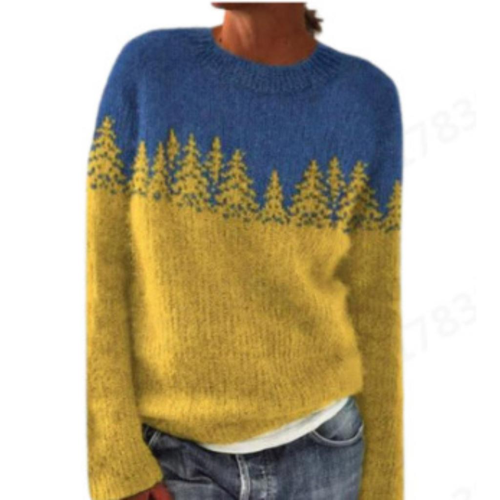 Women's Round Neck Color Blocked Loose and Fashionable Pullover Knitted Sweater for Autumn and Winter